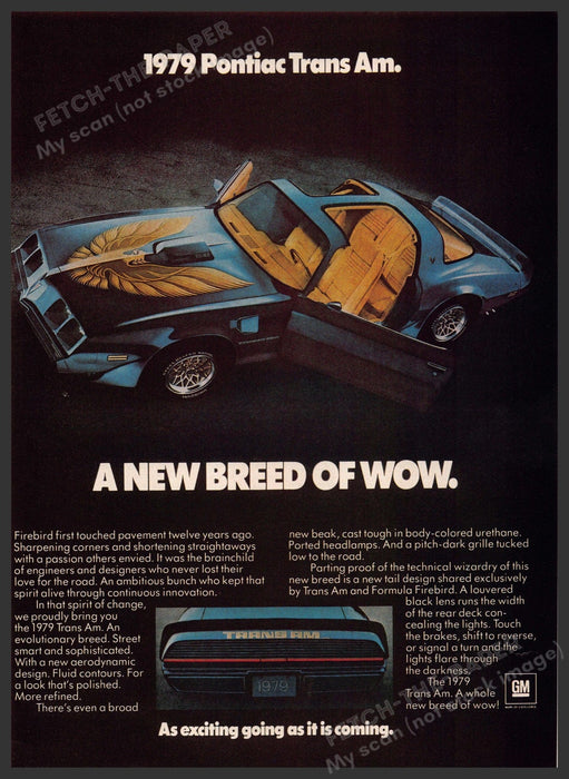 Pontiac Trans Am 1970s Print Advertisement 1979 "A new breed of wow" Fetch-the-Paper