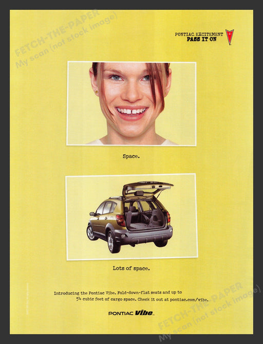 Pontiac Vibe 2000s Print Advertisement Ad 2002 Gap Tooth Space "Lots of Space" Nissan