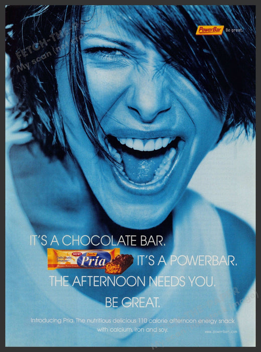 Power Bar Pria 2000s Print Advertisement 2001 Yelling Woman Workout Fetch-the-Paper