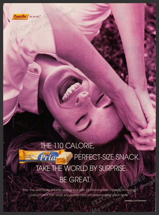 Power Bar Pria 2000s Print Advertisement 2004 Snack Ad Laughing Lady Fetch-the-Paper
