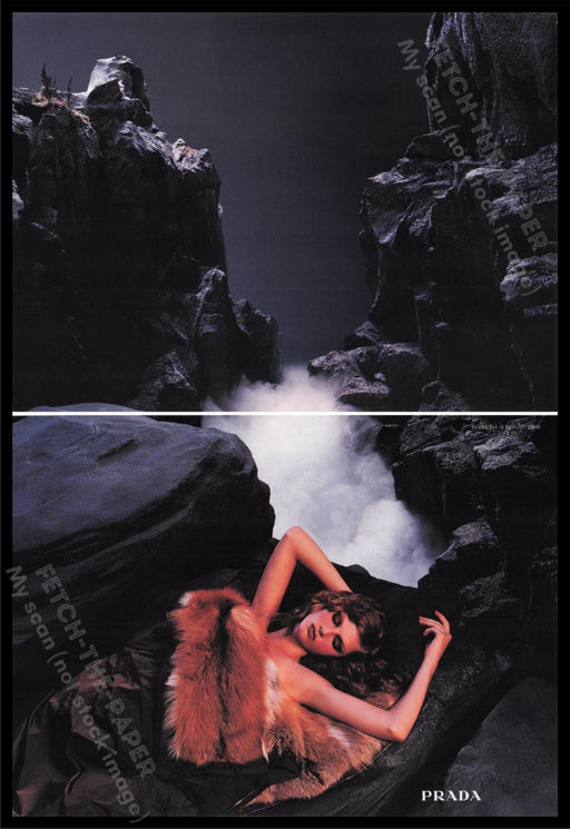 Prada Clothing 1990s Print Advertisement (2 pages) 1999 Model on Rocks Fetch the Paper!