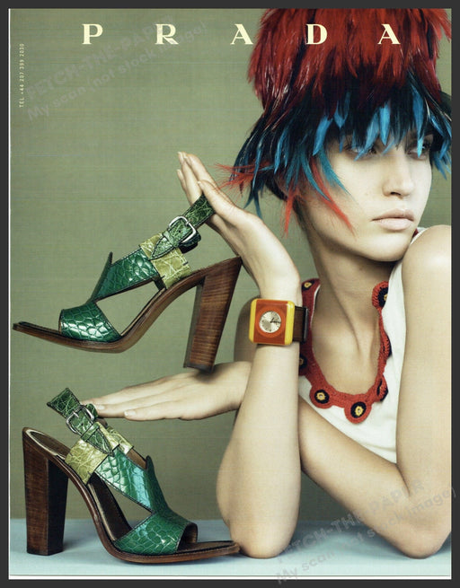Prada Footwear 2000s Print Advertisement 2005 Feathered Hat Hands Modeling Fetch-the-Paper