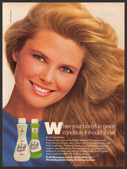 Prell 1980s Magazine Print Advertisement 1987 Christie Brinkley Big Hair Prell