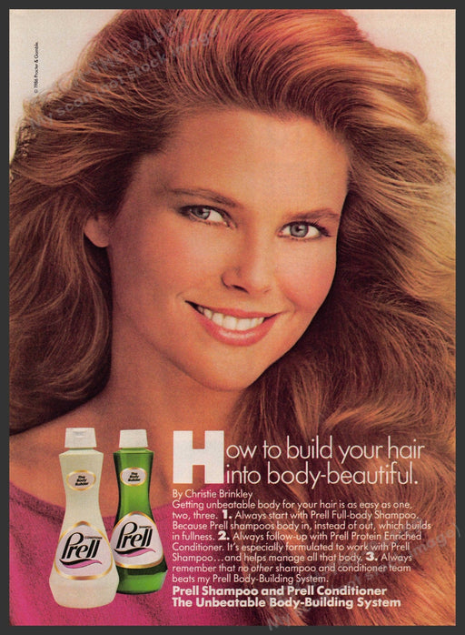 Prell Hair 1980s Print Advertisement 1986 Christie Brinkley Smile Fetch-the-Paper