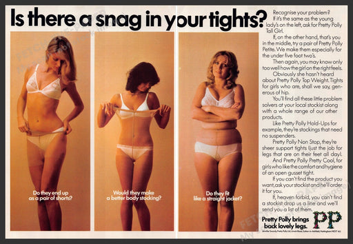 Pretty Polly Hosiery Pantyhose 1980s Print Advertisement (2 pages) 1981 Bodies Fetch-the-Paper