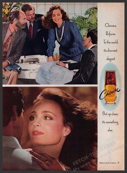Prince Matchabelli Chimere 1980s Print Advertisement 1982 Woman in Office Fetch-the-Paper
