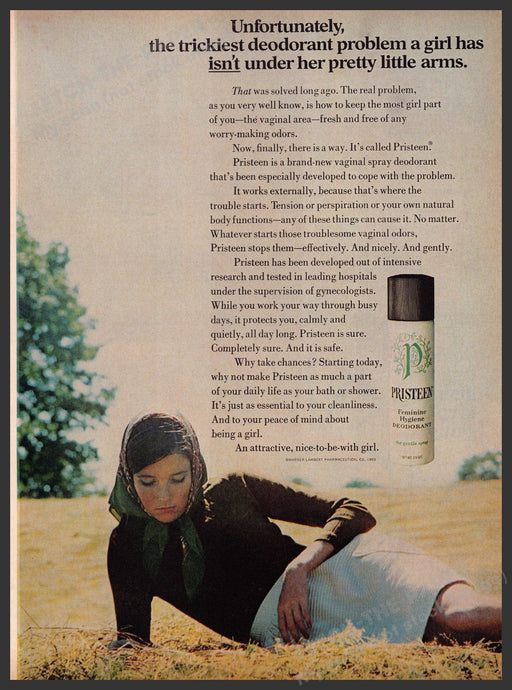 Pristeen Feminie Hygiene Deodorant 1960s Print Advertisement Ad 1969 Fetch the Paper!