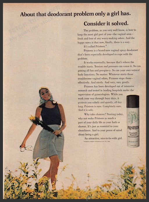 Pristeen Feminine Hygiene Deodorant 1960s Print Advertisement Ad 1969 Flowers Fetch the Paper!
