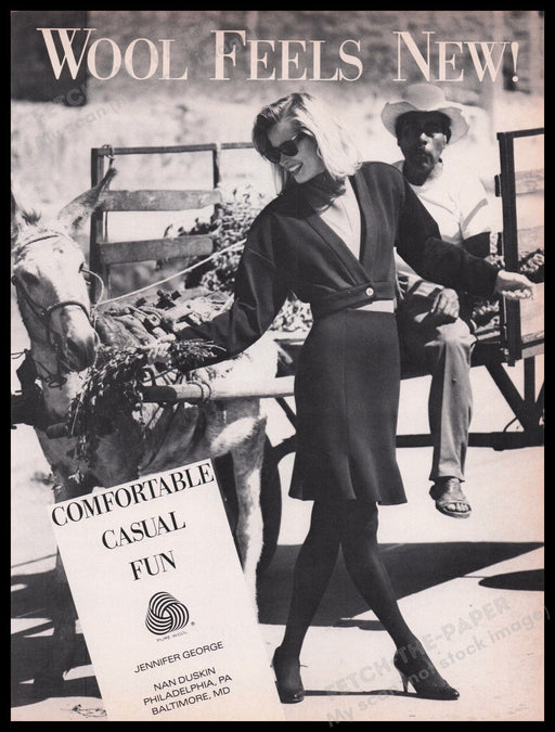 Pure Wool Clothing 1980s Print Advertisement Ad 1987 Legs Street Donkey Flowers Fetch the Paper!