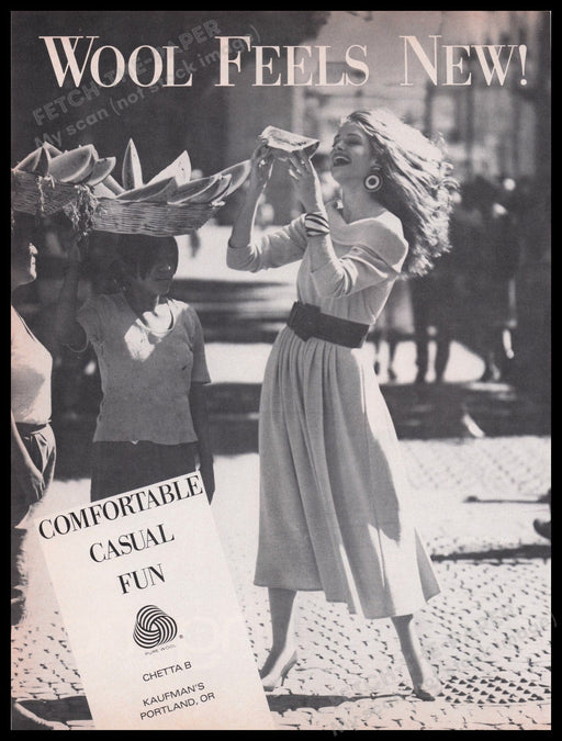 Pure Wool Clothing 1980s Print Advertisement Ad 1987 Sexy Woman Street Vendor Fetch the Paper!