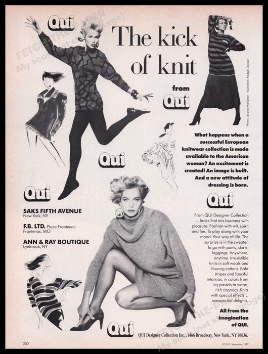 Qui Clothing 1980s Print Advertisement Ad 1987 Legs "The kick of knit" Fetch the Paper!