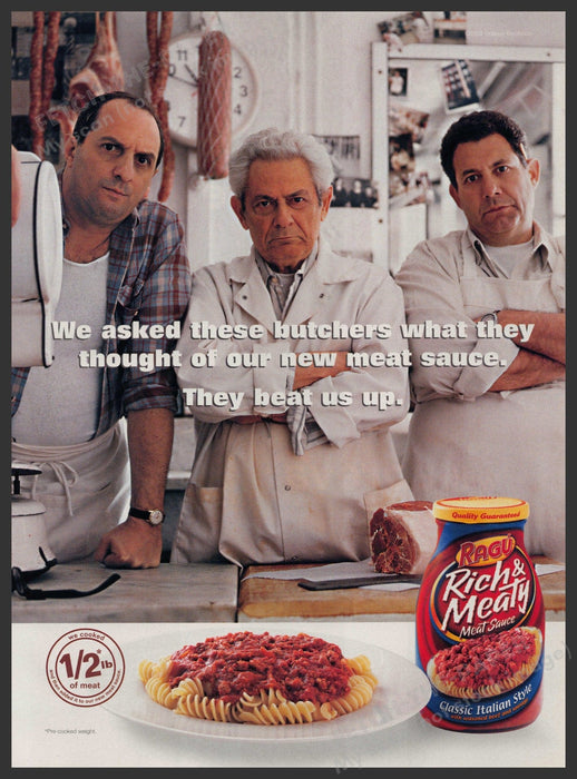 Ragu Rich & Meaty 2000s Print Advertisement 2002 Butchers Spaghetti Sauce Fetch-the-Paper