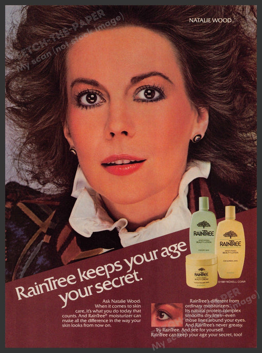 RainTree Skincare 1980s Print Advertisement 1981 Natalie Wood Actress Fetch-the-Paper