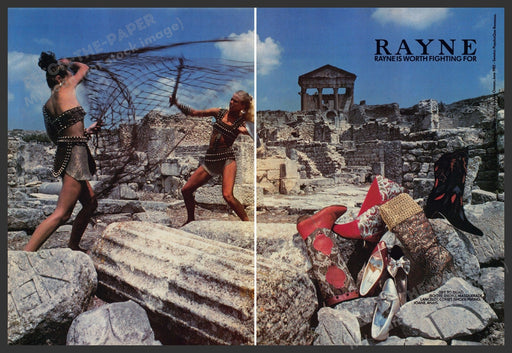 Rayne Shoes 1980s Print Advertisement (2 pages) 1982 Gladiator Women Fighting Fetch the Paper!