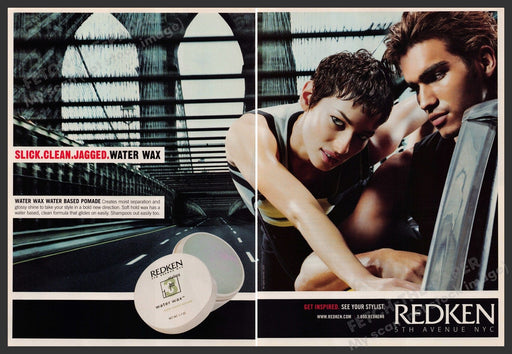 Redken Hair 2000s Print Advertisement (2 pg centerfold) 2002 NYC Brooklyn Bridge Fetch-the-Paper