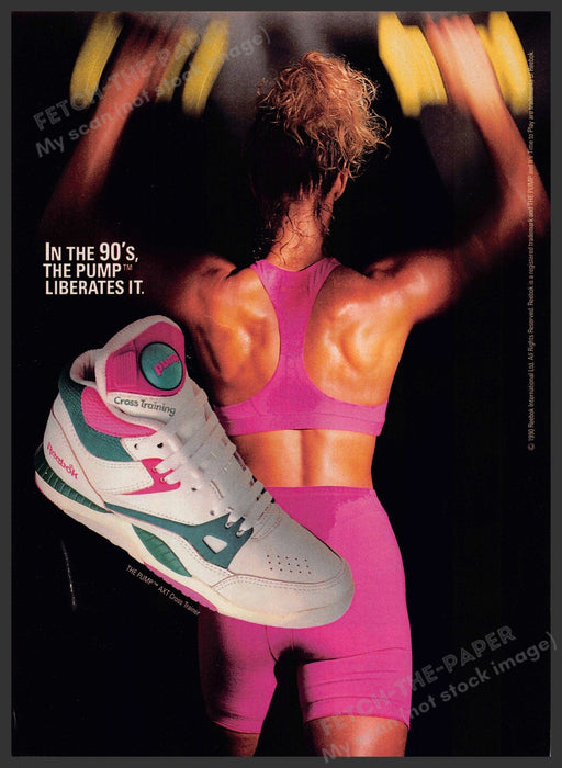 Reebok The Pump 1990s Print Advertisement 1990 Woman Lifting Weights Muscles Reebok The Pump