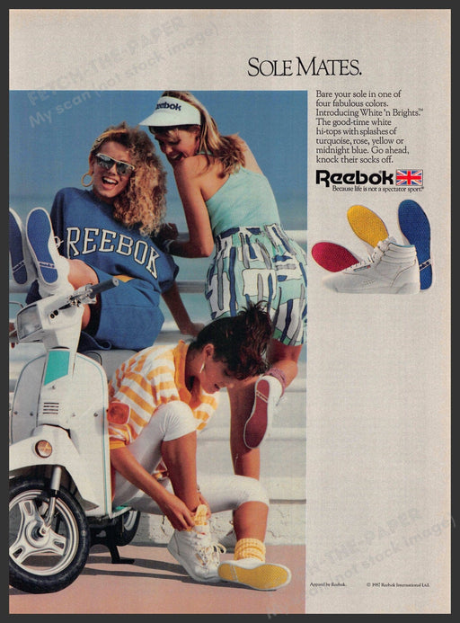 Reebok White 'n Brights 1980s Print Advertisement 1987 Friends Scooter Legs Sole Reebok White 'n Brights