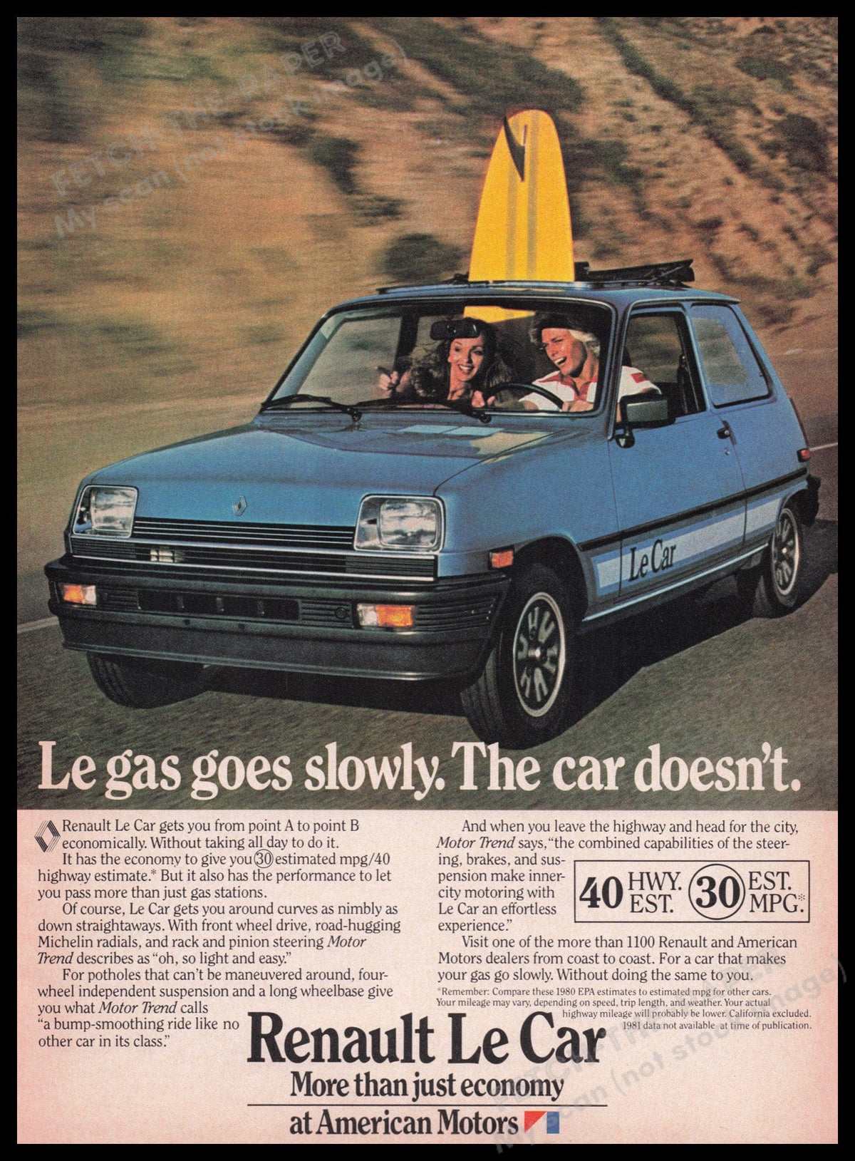 Vintage 1980s Renault Le Car Surfboard Print Ad - Collectible