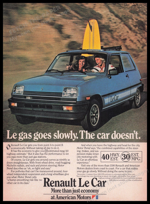 Renault Le Car 1980s Print Advertisement Ad 1980 Surfboard Surfing Couple Fetch the Paper!