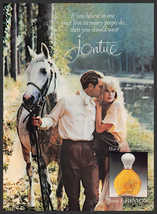 Revlon Jontue 1980s Print Advertisement 1987 Couple Horseback (Not the product) Revlon Jontue