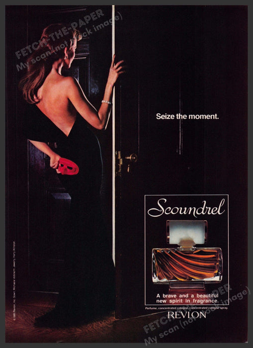 Revlon Scoundrel Perfume 1980s Print Advertisement 1982 Nighttime Mask Fetch-the-Paper