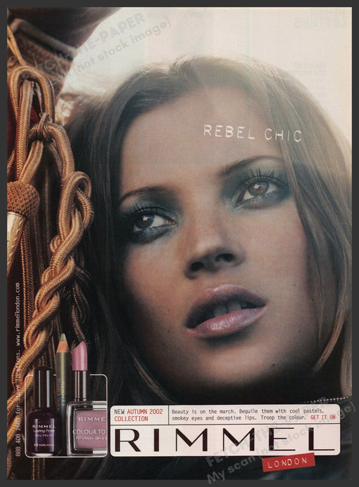 Rimmel Cosmetics 2000s Print Advertisement 2002 London Rebel Chic Kate Moss Fetch-the-Paper
