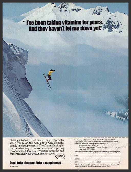 Roche 1980s Print Advertisement Ad 1983 Pharmaceuticals Downhill Skiier Roche