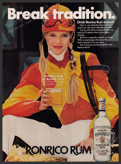 Ronrico Rum 1980s Print Advertisement 1981 Female Jockey "Break tradition" Fetch-the-Paper