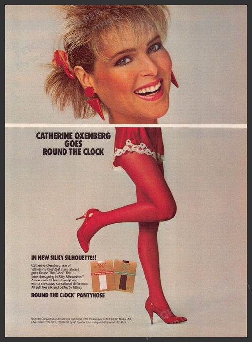 Round the Clock 1980s Print Advertisement 1985 Pantyhose Catherine Oxenberg Legs Round the Clock