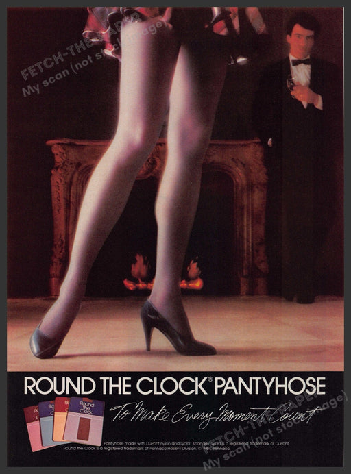 Round the Clock Pantyhose 1980s Print Advertisement 1984 Fireplace Man Standing Fetch-the-Paper