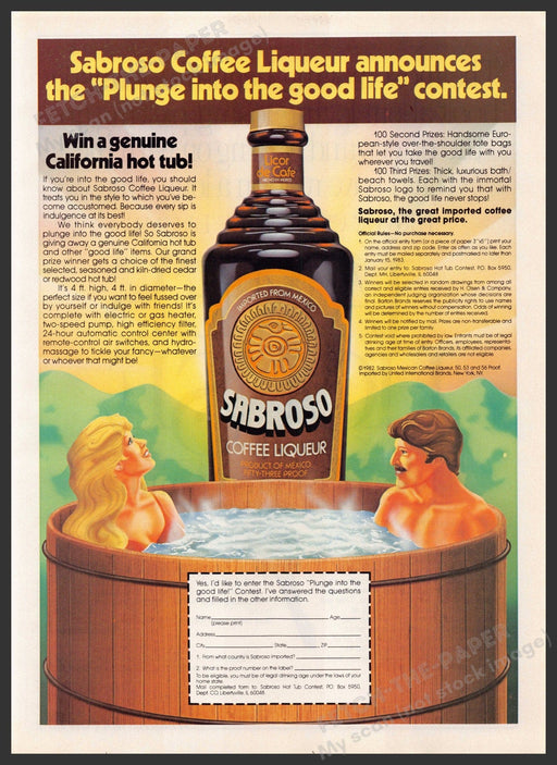 Sabroso Coffee Liqueur 1980s Print Advertisement 1982 Hot Tub Plunge Fetch-the-Paper