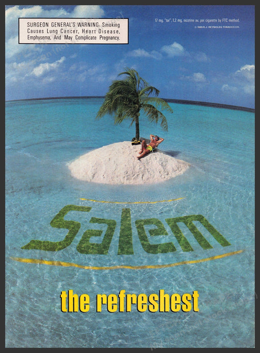 Salem 1980s Magazine Print Advertisement 1989 Palm Tree Island "Refreshest" Salem Cigarettes