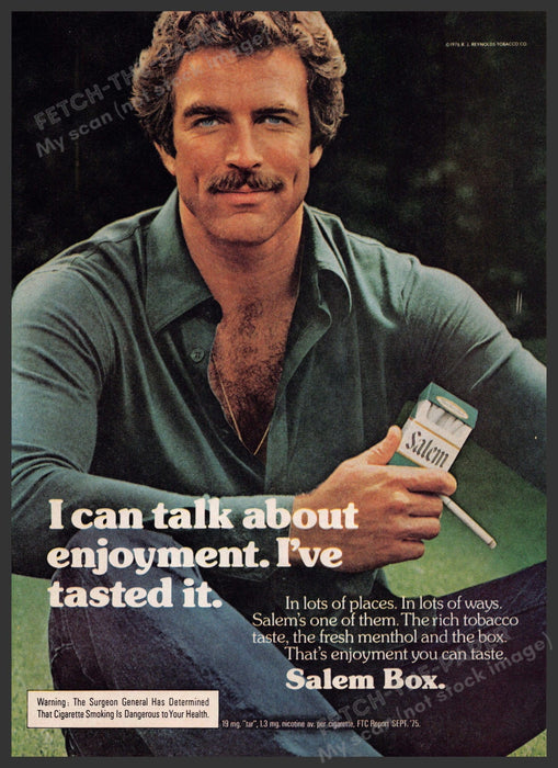 Salem Cigarettes 1970s Print Advertisement 1976 Mustached Man "I've tasted it" Fetch-the-Paper