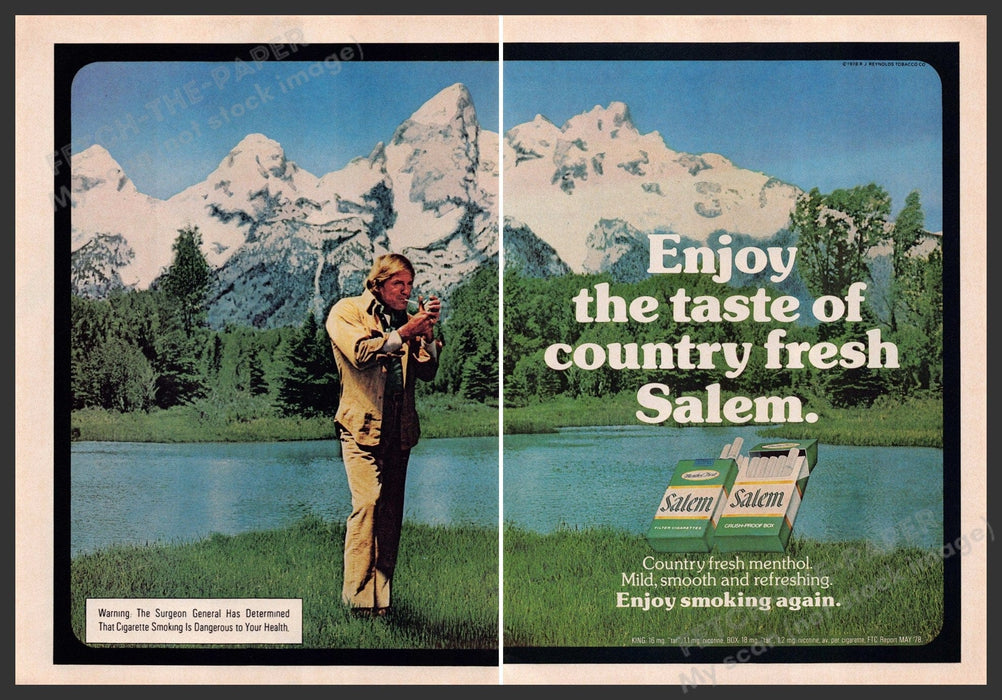 Salem Cigarettes 1970s Print Advertisement (2 page) 1979 Mountains Lake Fetch-the-Paper