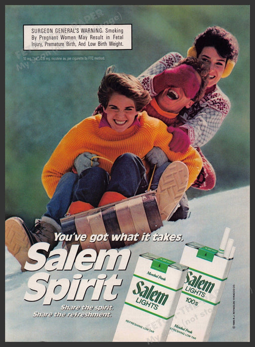 Salem Lights Cigarettes 1980s Print Advertisement 1986 Tobogganing Friends Fetch-the-Paper