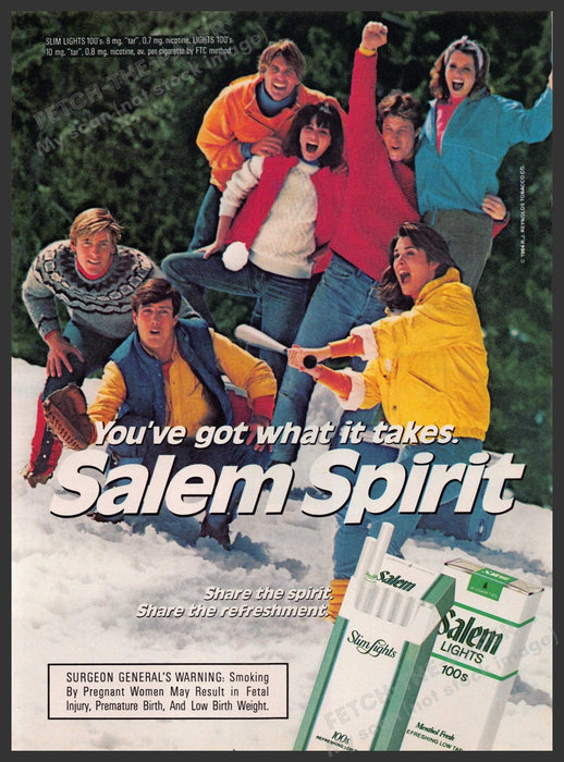 Salem Spirit 1980s Print Advertisement 1986 Friends Snowball Baseball Game Fetch-the-Paper