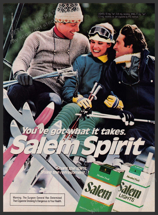 Salem Spirit Cigarettes 1980s Print Advertisement 1983 Friends Downhill Skiing Fetch-the-Paper