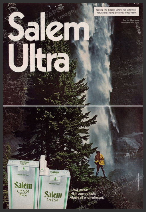 Salem Ultra Cigarettes 1980s Print Advertisement (2pg Centerfold) 1981 Waterfall Fetch-the-Paper