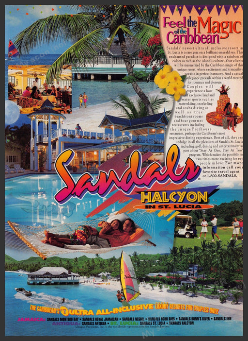 Sandals Halcyon in St. Lucia 1990s Print Advertisement 1995 Resort Feel Magic Fetch-the-Paper