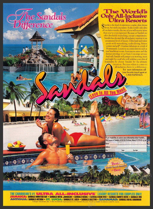 Sandals Resorts 1990s Print Advertisement 1995 Caribbean Ultra All-Inclusive Sandals