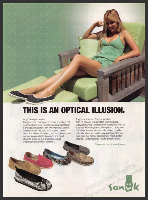 Sanuk Footwear 2000s Print Advertisement 2007 Long Legs Optical Illusion Fetch-the-Paper