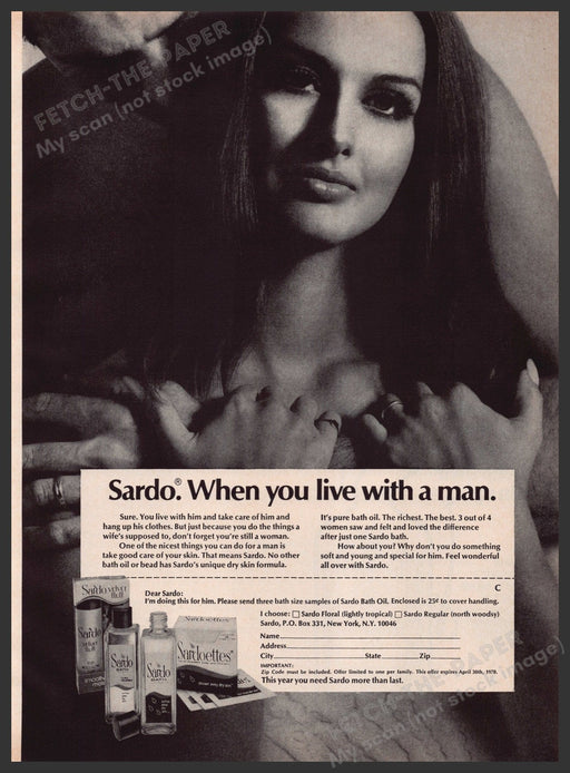 Sardo Bath Oil 1960s Print Advertisement Ad 1969 "When you live with a man" Fetch the Paper!
