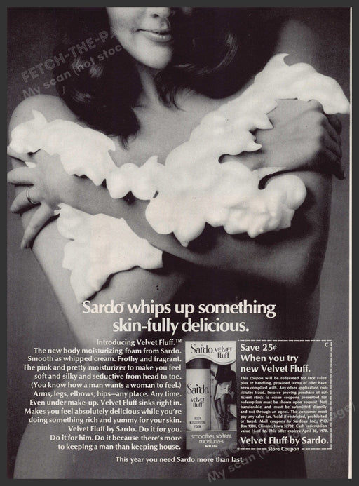 Sardo Velvet Fluff Body Foam 1960s Print Advertisement Ad 1969 Bare Fetch the Paper!