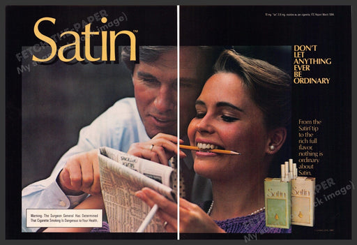 Satin Cigarettes 1980s Print Advertisement (2 pgs) 1984 Couple Crossword Puzzle Satin CIgarettes