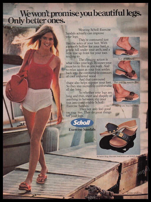 Scholl Exercise Sandals 1980s Print Advertisement Ad 1980 Legs Girl Boat Dock Fetch the Paper!