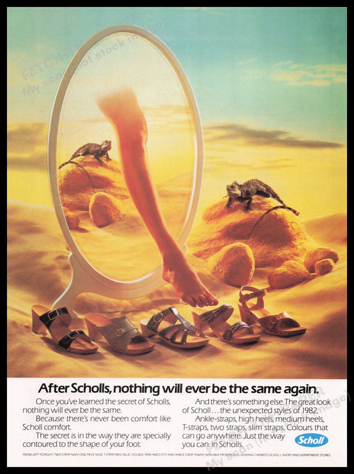 Scholl Shoes 1980s Print Advertisement Ad 1982 Legs Desert Iguana Lizzards Fetch the Paper!