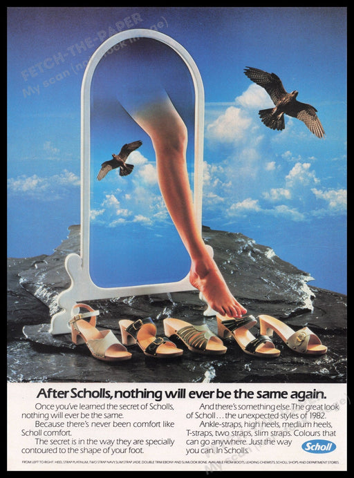 Scholl Shoes 1980s Print Advertisement Ad 1982 Legs Mountains Birds Fetch the Paper!