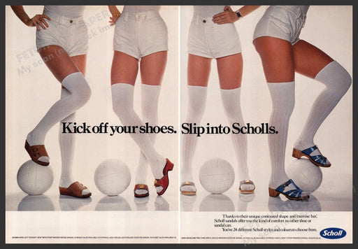 Scholl Shoes Sandals 1970s Print Advertisement (2 pages) 1977 Team Legs Socks Fetch-the-Paper
