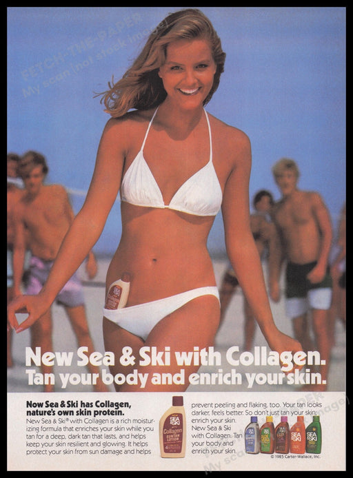 Sea & Ski Suncare SPF 1980s Print Advertisement Ad 1985 Bikini Beach Fetch-the-Paper