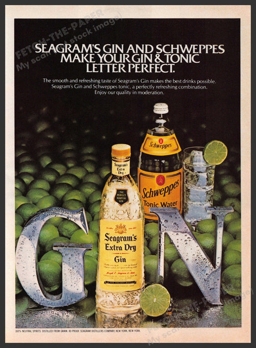 Seagram's Gin Limes 1980s Print Advertisement 1982 Schweppes Fetch-the-Paper
